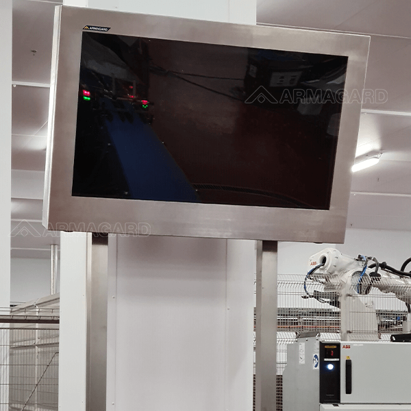 Armagard’s food processing TV enclosure installed in a sanitary manufacturing environment.