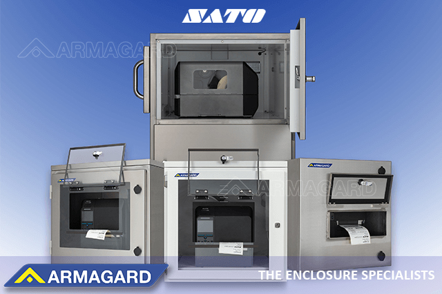 Four Armagard SATO industrial printer enclosures