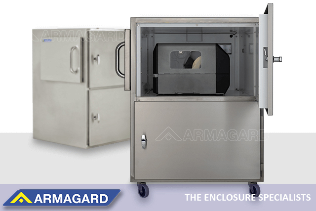 SATO industrial printer inside a stainless steel heated printer enclosure