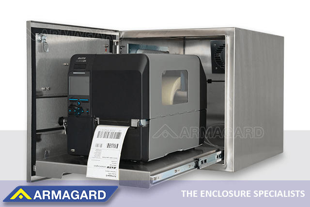 CL4NX SATO industrial printer inside a waterproof printer enclosure