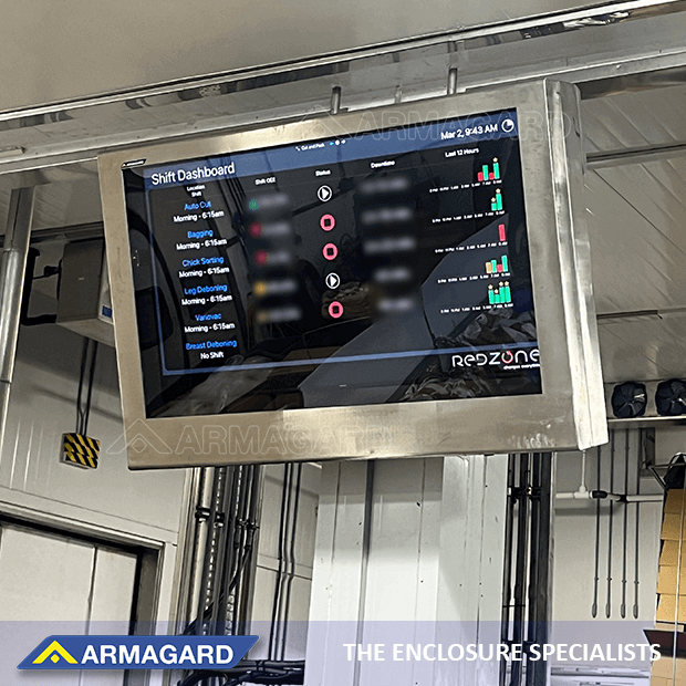 Food processing digital screen enclosure used in a food manufacturing environment for KPIs