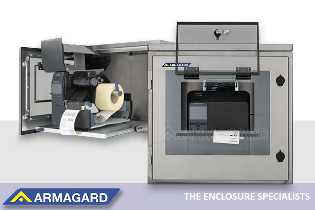 Open and front view of an NEMA 4X enclosure for a SATO industrial printer